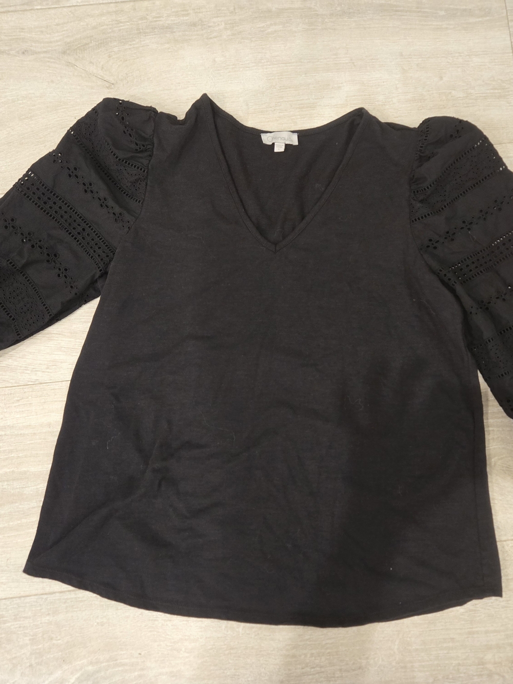 Chenault Black V-Neck Top with Eyelet Puff Sleeves